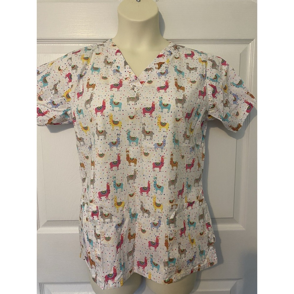 Colorful Party‎ Llamas Scrub Top Women's Medium Tasha And Me Brand